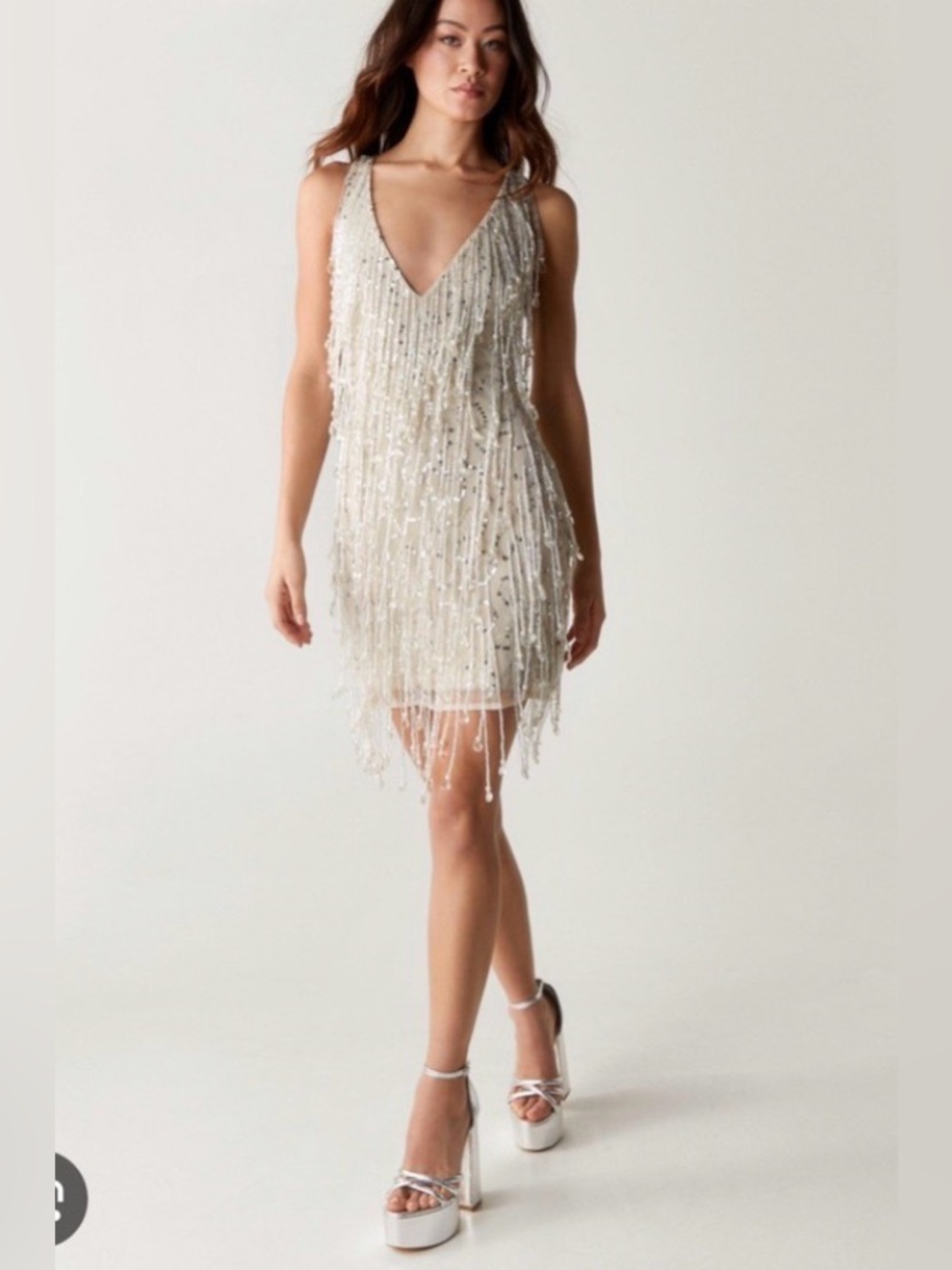 Nasty Gal NWT Tear Drop Tassel Plunge Mini Dress Beaded Nude Size 8 - Picture 2 of 11